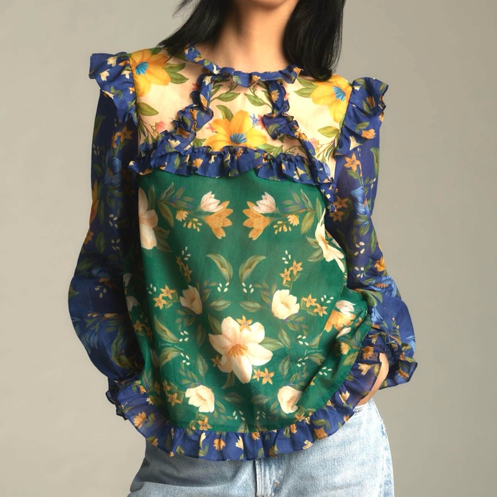 FARM RIO x ANTHROPOLOGIE LONG SLEEVE BOW TIE RUFFLED BLOUSE TOP